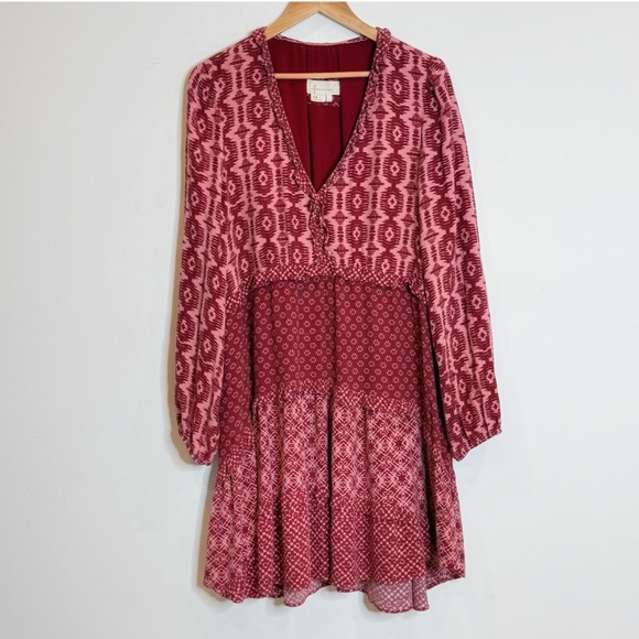 Anthropologie Dress Long Sleeve Tiered Skirt V-Neck Mini Knee Length Loose Fit L - Picture 15 of 15
